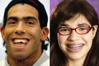 Carlos Tevez (left) with America Ferrera, the actress playing the American version of “Ugly Betty”